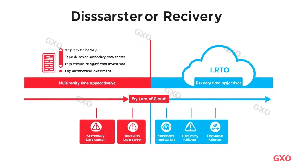 Professional infographic showing disaster recovery comparison. Top section shows on-premise backup with tape drives and secondary data center requiring significant investment. Bottom section shows cloud DR with multi-region replication and automated failover. Center timeline shows recovery time objectives (RTO) for each approach. Warning icons for single points of failure. Red and blue accent colors on white background. Corporate disaster planning visual style.