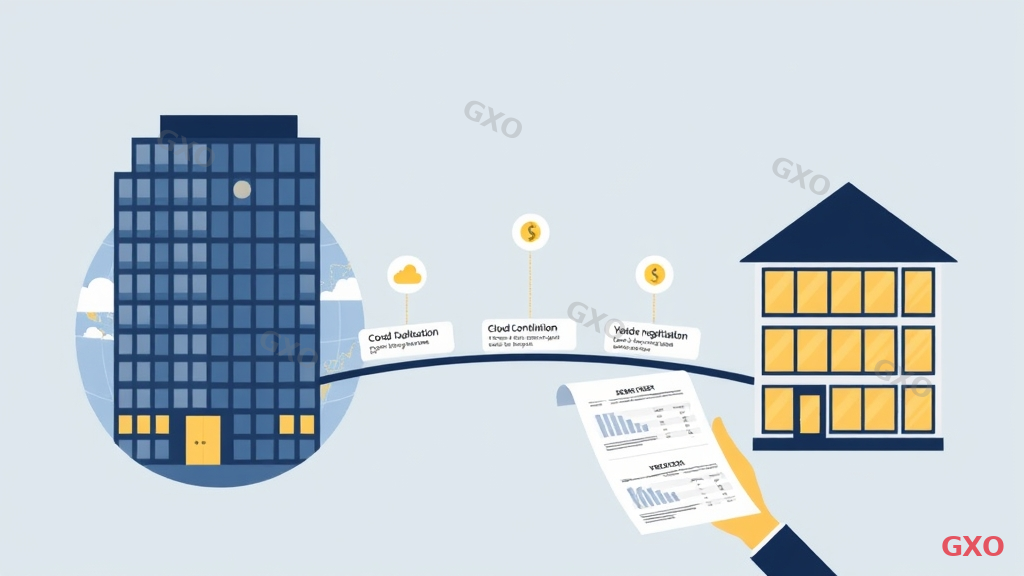 Clean modern illustration showing a global corporate headquarters (European-style building) sending cost reduction directives to Japanese subsidiary office. A strategy bridge connects them showing three approaches: cloud consolidation, hybrid optimization, and vendor negotiation. Globe with connection lines between offices. Document with cost comparison charts being presented. Professional international business style with navy, white, and gold accents.