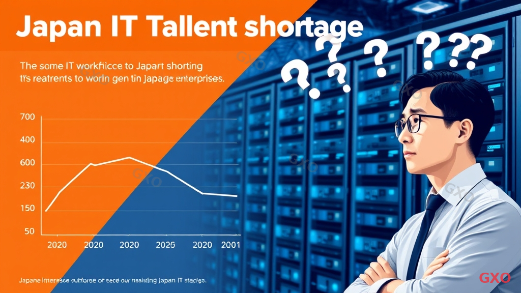 Professional infographic displaying Japan IT talent shortage statistics. Left chart shows declining IT workforce supply line graph from 2020 to 2030. Right side shows a concerned Japanese IT manager (male, 40s, business casual) looking at multiple server racks with question marks above. Background split between office environment and data center. Warm amber warning tones contrasted with cool blue tech elements. Conveying urgency of IT staffing challenges in Japanese enterprises.