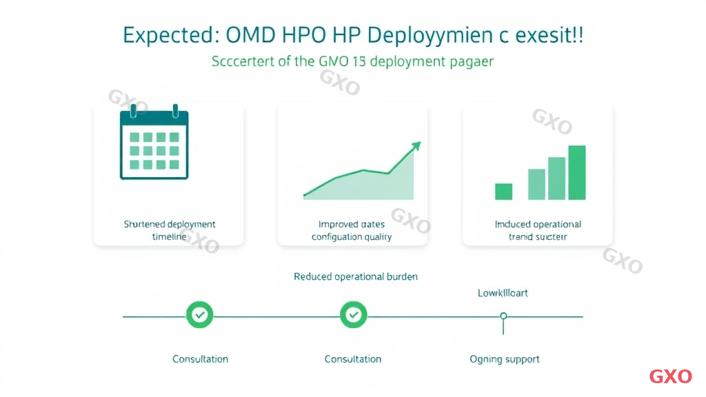 Professional infographic showing expected outcomes of using GXO HPE deployment support. Three result cards arranged horizontally: 1) Shortened deployment timeline with calendar showing compressed schedule, 2) Improved configuration quality with error rate reduction graph trending down, 3) Reduced operational burden with workload comparison bar chart. Bottom banner shows customer journey from consultation to ongoing support. Clean white background with green success indicators and professional business style.