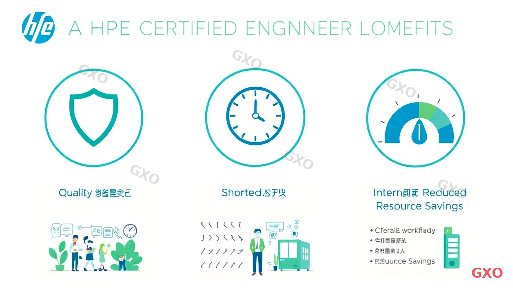 Clean modern illustration showing three benefits of HPE certified engineer deployment. Three large circular icons arranged horizontally: 1) Shield with checkmark (Quality Assurance), 2) Clock with fast-forward arrows (Shortened Timeline), 3) Person with reduced workload meter (Internal Resource Savings). Below each icon, brief Japanese-style business scene vignettes. Bright, optimistic color palette with greens and blues. Professional and motivational tone.