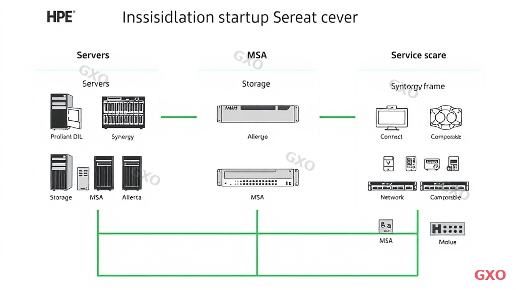 Technical diagram illustrating HPE product categories covered by Installation Startup Service. Three main columns: Servers (showing ProLiant DL/ML, Synergy icons), Storage (showing MSA, Alletra icons), and Network/Composable (showing Synergy frame, interconnect module icons). Each column has service scope labels beneath. Clean white background with HPE green accent lines connecting categories. Organized, structured layout emphasizing comprehensive product coverage.