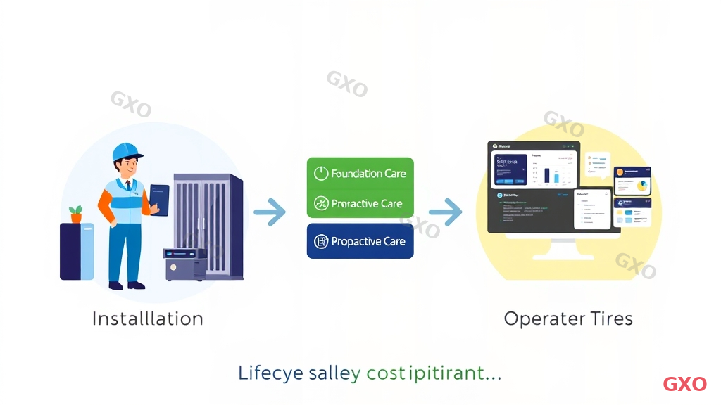 Clean modern illustration showing integration between HPE installation service and ongoing maintenance (Care Pack). Left section shows installation phase with engineer and new server, connected by arrow to right section showing operational phase with monitoring dashboard and support ticket system. Center overlay shows Care Pack service tiers (Foundation Care, Proactive Care) as cards. Warm professional colors transitioning from setup blue to operations green. Emphasizing lifecycle cost optimization.