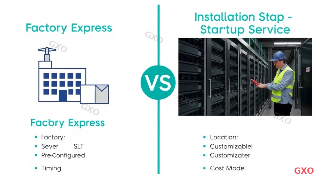 Professional infographic comparing HPE Factory Express and Installation Startup Service side by side. Left column labeled Factory Express shows factory building icon with assembly line, pre-configured server being shipped in a box. Right column labeled Installation Startup Service shows on-site engineer working at customer data center. Center divider with VS symbol. Comparison criteria listed: timing, location, customization level, cost model. Clean white background with green and blue brand colors.