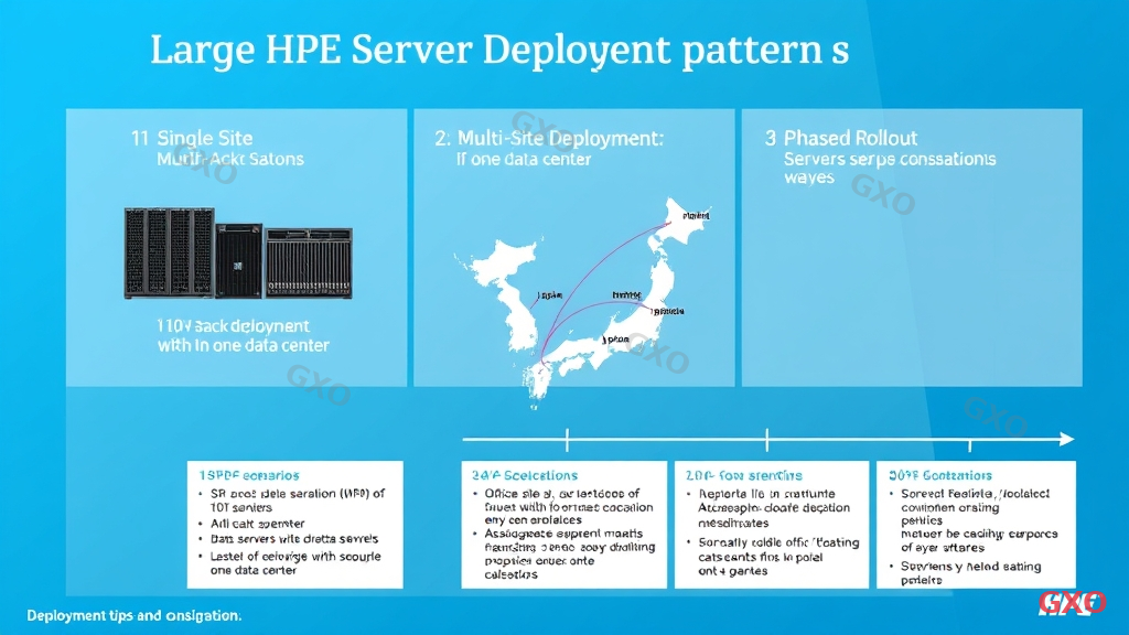 Technical diagram showing large-scale HPE server deployment patterns. Three scenarios illustrated: 1) Single site multi-rack deployment with 10+ servers in one data center, 2) Multi-site deployment with Japan map showing 3 office locations connected by network lines, 3) Phased rollout timeline with servers being deployed in waves. Each scenario has deployment tips and considerations listed. Professional diagram style with blue gradient background and white info boxes.