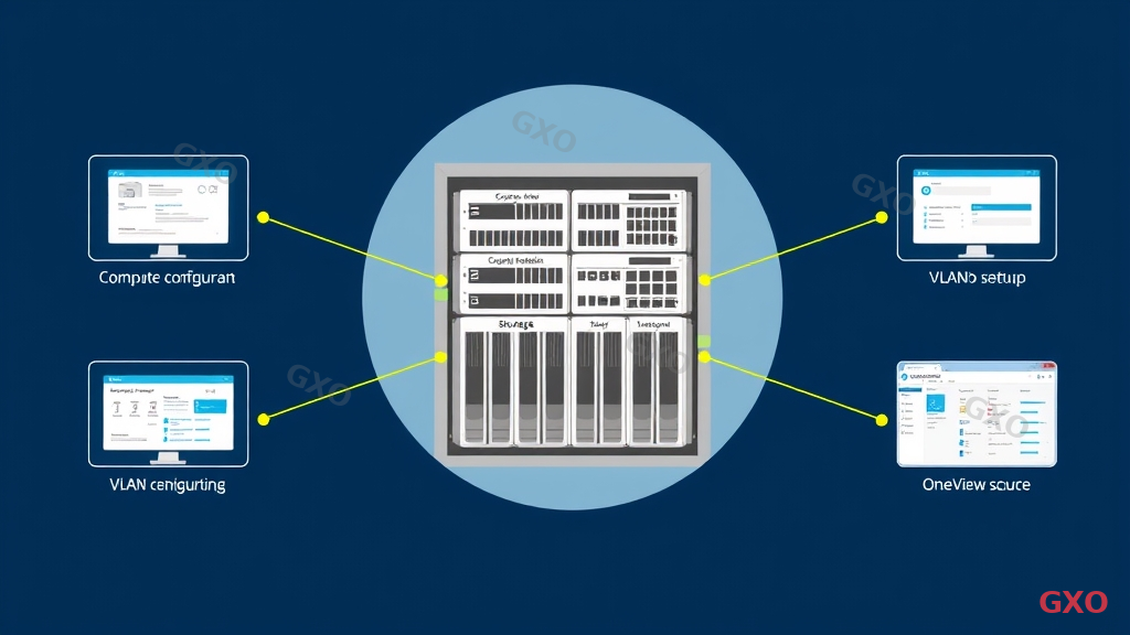Clean modern illustration of HPE Synergy composable infrastructure setup. Central image shows a Synergy frame with compute modules, storage modules, and interconnect modules clearly labeled. Surrounding callouts show: fabric configuration screen, VLAN setup interface, and OneView management dashboard. Interconnected lines show data flow between components. Dark blue background with bright accent colors for each component type. Technical but accessible visual style.
