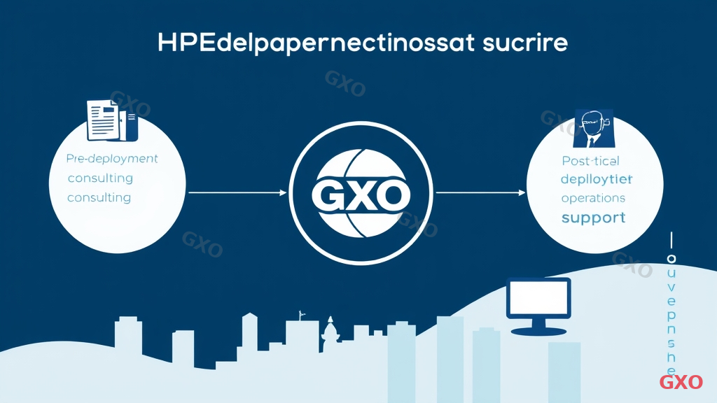 Clean modern illustration highlighting GXO HPE deployment support service features. Central GXO logo with three extending branches: 1) Pre-deployment consulting with planning documents, 2) Technical implementation with engineer and server, 3) Post-deployment operations support with monitoring screen. Background shows Tokyo skyline silhouette. Professional color scheme with navy blue, white, and subtle green accents. Conveying comprehensive end-to-end support capability and Japanese enterprise reliability.