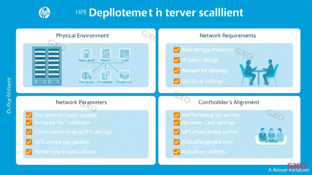 Professional infographic showing pre-installation checklist for HPE server deployment. Divided into four quadrants: Physical Environment (rack space, power capacity icons), Network Requirements (IP addresses, VLAN diagram), Configuration Parameters (BIOS settings, OS version list), and Stakeholder Alignment (meeting room with people discussing). Each quadrant has 3-4 checklist items with checkbox icons. Clean organized layout with subtle grid lines. Blue and white color scheme with orange highlights for critical items.