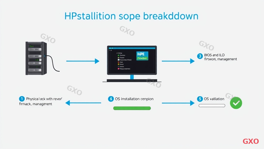 Clean modern illustration showing HPE ProLiant server installation scope breakdown. Step-by-step visual: 1) Physical rack mounting with server sliding into rack, 2) Cable connections (power, network, management), 3) BIOS and iLO firmware configuration on screen, 4) OS installation progress bar, 5) Validation checkmark. Each step connected by arrows on a light gray background. Blue and green color accents. Professional technical documentation style.