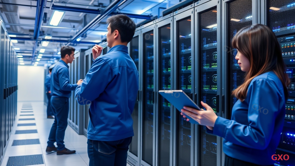 Photo-realistic image of a Japanese IT engineer team (2-3 people, mixed gender, ages 30-45) in a modern data center room installing HPE ProLiant rack servers. Lead engineer (male, wearing blue work uniform) carefully connecting cables at the rear of a server rack while a female colleague holds a tablet checking configuration documents. Server LEDs glow blue-green in the background. Clean, professional atmosphere with raised floor and overhead cable trays. Cool blue lighting emphasizing precision and technical expertise in enterprise IT infrastructure deployment.