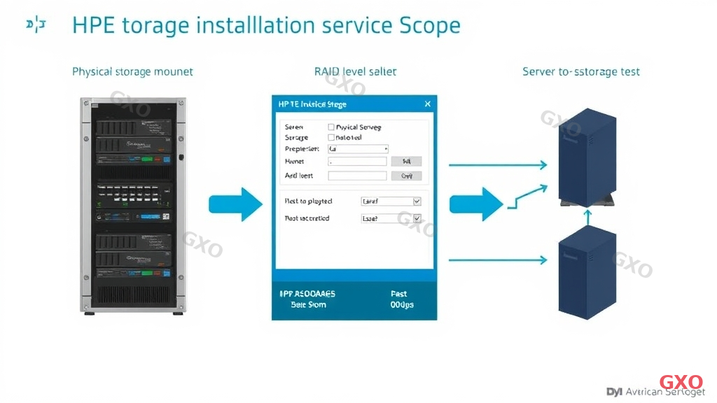 Technical diagram illustrating HPE storage installation service scope for MSA and Alletra series. Left side shows physical storage unit being rack-mounted, center shows disk configuration screen with RAID level selection, right side shows host connectivity test with server-to-storage data flow arrows. Clean diagram style with labeled callouts for each phase. Light background with blue and teal accents. Professional and structured layout for IT documentation.