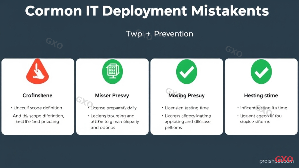 Professional infographic showing common IT deployment mistakes and prevention strategies. Four rows, each with a red warning icon on left showing the mistake and a green solution icon on right. Mistakes include: unclear scope definition, missing pre-survey, license preparation delay, insufficient testing time. Each row has brief explanatory text. Clean layout with alternating light gray and white row backgrounds. Business-friendly design emphasizing practical prevention tips.