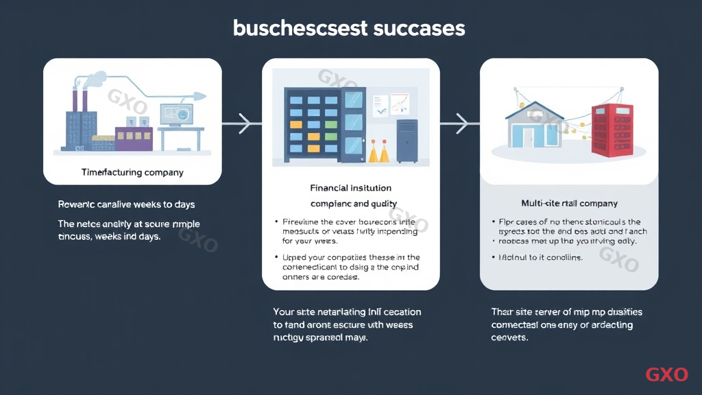 Professional illustration showing three business success case scenarios. Top panel: Manufacturing company with factory background and server room, showing timeline compression from weeks to days. Middle panel: Financial institution with secure office environment, emphasizing compliance and quality. Bottom panel: Multi-site retail company with map pins and connected servers. Each panel uses muted industry-specific colors. Clean card-based layout with brief result summaries. Business documentation style.