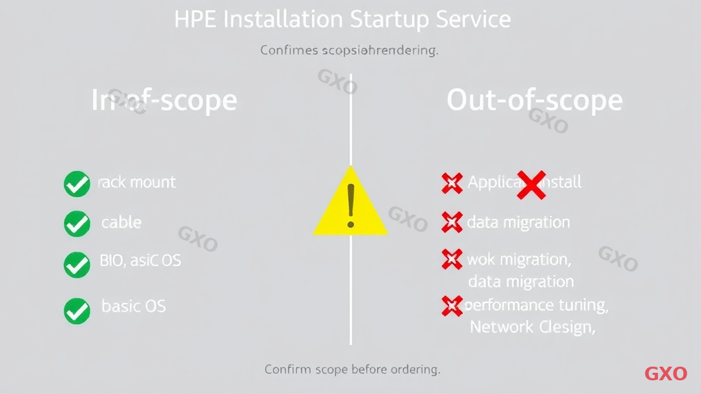 Professional infographic showing in-scope versus out-of-scope work items for HPE Installation Startup Service. Two-column layout with green checkmarks on left (in-scope: rack mount, cable, BIOS, basic OS) and red X marks on right (out-of-scope: application install, data migration, performance tuning, network design). Clear dividing line in the center. Warning triangle icon at top with text about confirming scope before ordering. Clean business document style with neutral gray background.