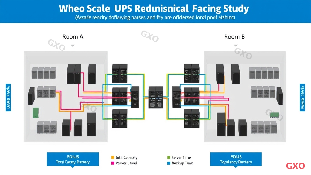 Professional infographic showing a mid-scale data center UPS redundancy case study. Floor plan layout with two separate UPS rooms (Room A and Room B). Each room contains UPS units, battery banks, and PDUs. Power paths shown with colored lines connecting to server racks in the center. Key metrics displayed: total capacity, redundancy level, backup time. Clean architectural diagram style with blue and gray palette.