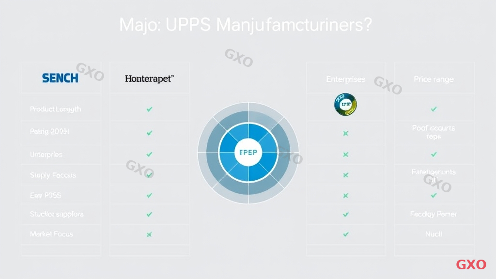 Professional comparison infographic of four major UPS manufacturers. Four columns with company logos represented as abstract icons. Each column shows ratings for: product lineup breadth, enterprise support, price range, and market focus. Radar chart in the center comparing all four across these dimensions. Clean corporate style with neutral gray and blue tones.