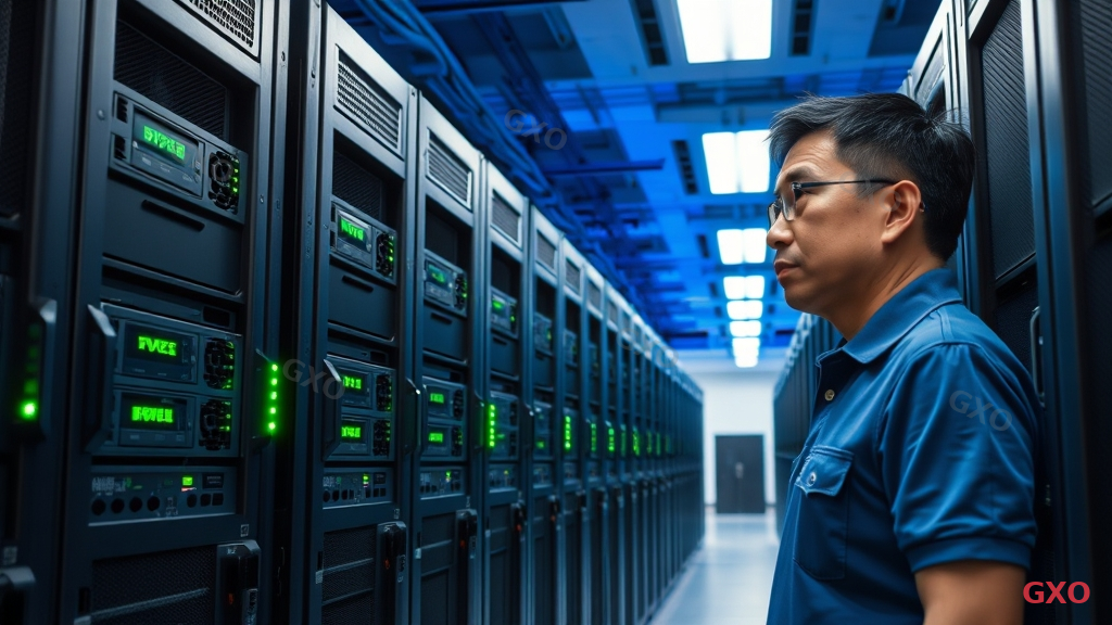 Photo-realistic image of a modern Japanese server room with multiple rack-mounted UPS units installed in black server racks. A Japanese IT engineer in his 40s wearing a blue polo shirt is inspecting a UPS display panel. LED status lights glow green. Clean cable management visible. Cool blue ambient lighting with bright overhead fluorescent lights. Professional data center environment emphasizing reliability and power protection.
