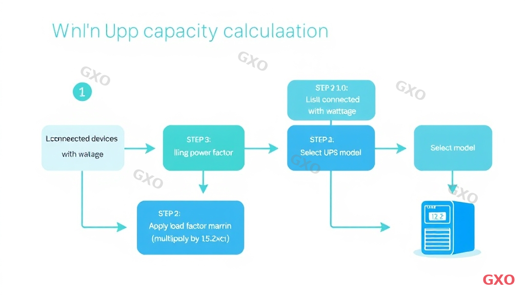 Clean modern illustration showing a 4-step process flow for UPS capacity calculation. Step 1: List all connected devices with wattage. Step 2: Calculate total VA using power factor. Step 3: Apply load factor margin (multiply by 1.5-2x). Step 4: Select UPS model. Each step shown as a numbered card with icon. Connecting arrows between steps. Blue and green color scheme on white background.