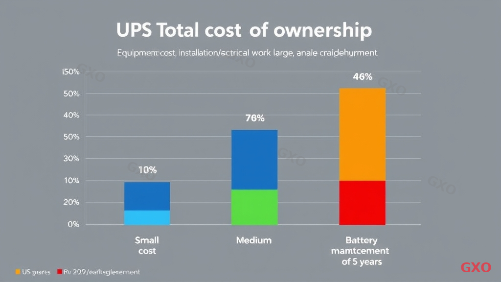 Professional infographic showing UPS total cost of ownership breakdown. Stacked bar chart comparing small, medium, and large scale deployments. Each bar divided into: equipment cost (blue), installation/electrical work (green), annual maintenance (orange), and battery replacement over 5 years (red). Percentage labels on each segment. Clean financial report style with corporate color palette.
