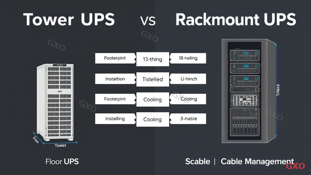 Professional infographic comparing tower UPS and rackmount UPS side by side. Left panel shows a floor-standing tower UPS unit with labels for footprint and ventilation. Right panel shows a rackmount UPS installed in a 19-inch server rack with U-height labels. Comparison arrows between them for: space efficiency, cooling, scalability, and cable management. Clean technical illustration style.