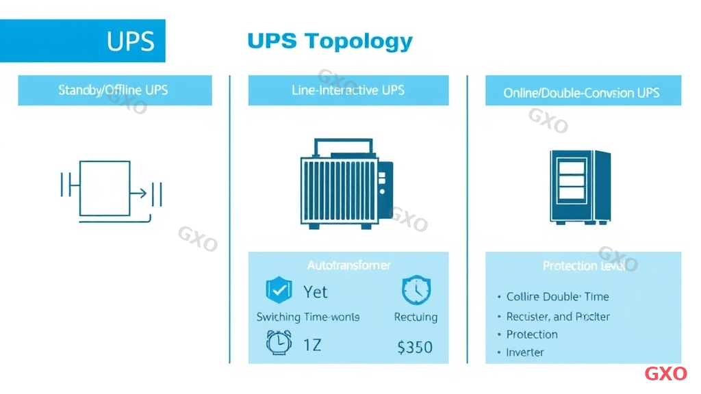 Professional infographic comparing three UPS topology types side by side. Left panel shows Standby/Offline UPS with simple diagram. Center panel shows Line-Interactive UPS with autotransformer. Right panel shows Online/Double-Conversion UPS with rectifier and inverter. Each panel has icons for cost (yen symbol), switching time (clock), and protection level (shield). Clean corporate design with blue headers and white backgrounds.