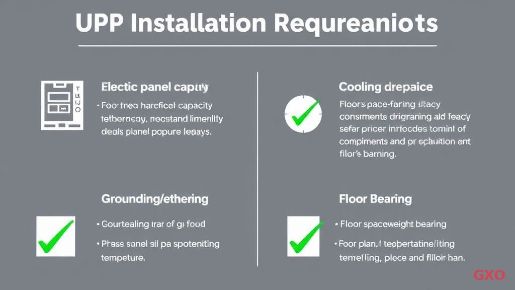 Professional checklist-style infographic for UPS installation requirements. Four sections with icons: electrical panel capacity (circuit breaker icon), grounding/earthing (ground symbol), cooling and temperature (thermometer and fan), and floor space/weight bearing (floor plan icon). Each section lists 2-3 key checkpoints. Clean corporate style with green checkmarks and organized layout.
