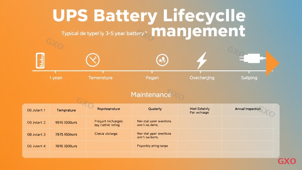 Professional infographic showing UPS battery lifecycle management. Horizontal timeline showing typical 3-5 year battery life. Icons for degradation factors: high temperature (thermometer), frequent discharges (lightning bolt), overcharging (plug). Below timeline, a maintenance schedule checklist with quarterly and annual inspection items. Warm orange and cool blue color scheme.