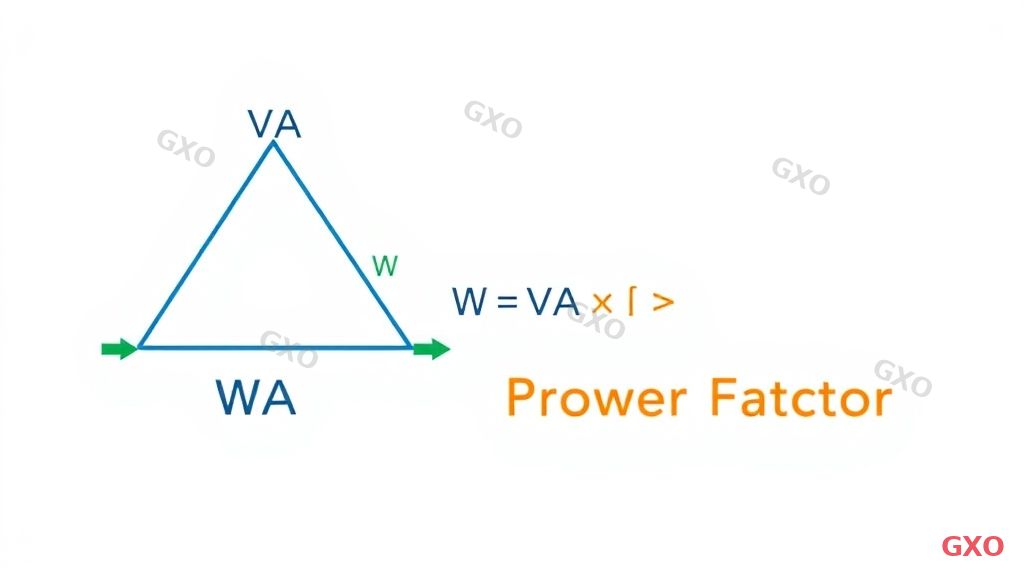 Technical diagram illustrating the relationship between VA (Volt-Ampere), Watts, and Power Factor. A triangle diagram shows VA as hypotenuse, W as adjacent side, and reactive power as opposite side. Mathematical formula W = VA x Power Factor displayed prominently. Color-coded arrows in blue for VA, green for W, and orange for reactive power. Clean white background with professional engineering style.