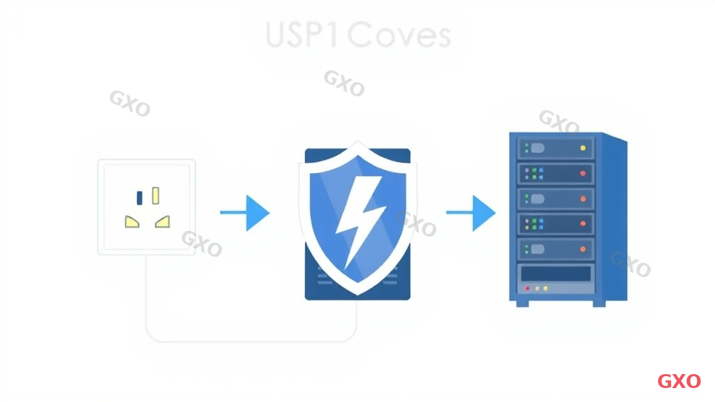 Clean modern illustration showing the concept of UPS protecting a server. Left side shows a power outlet with a lightning bolt indicating power disruption. Center shows a UPS unit acting as a shield. Right side shows a server rack running normally. Arrows indicate power flow. Simple flat design with blue and white color scheme. Professional infographic style highlighting power continuity.