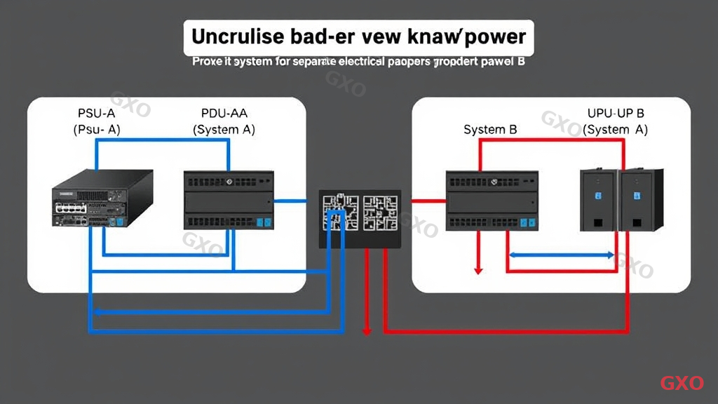 Technical diagram showing proper dual-power server connection to two independent UPS systems. Server with PSU-A and PSU-B clearly labeled. PSU-A connects through PDU-A to UPS-A (System A). PSU-B connects through PDU-B to UPS-B (System B). Each system fed from separate electrical panels. Color-coded paths: blue for System A, red for System B. Professional engineering schematic style.