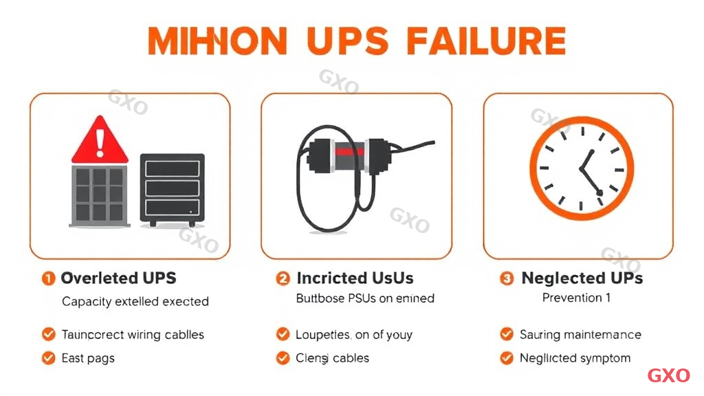 Professional infographic showing three common UPS failure scenarios. Panel 1: Overloaded UPS with red warning icon showing capacity exceeded. Panel 2: Incorrect wiring with crossed cables showing both PSUs on same UPS. Panel 3: Neglected battery with clock showing expired maintenance date. Each panel has cause, symptom, and prevention listed below. Warning-style design with red and orange accents on white background.