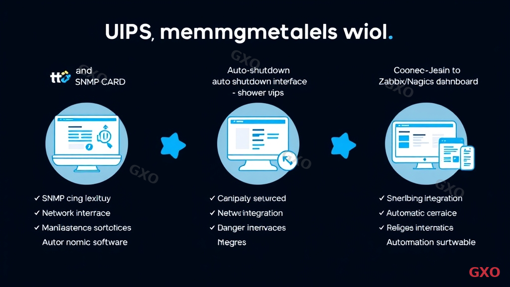 Clean modern illustration comparing three UPS management methods. Three columns: SNMP card showing network monitoring interface, Auto-shutdown software showing server OS integration, and Monitoring integration showing connection to Zabbix/Nagios dashboard. Each column has icons for setup complexity, monitoring capability, and automation level. Professional IT infrastructure style with blue accents.