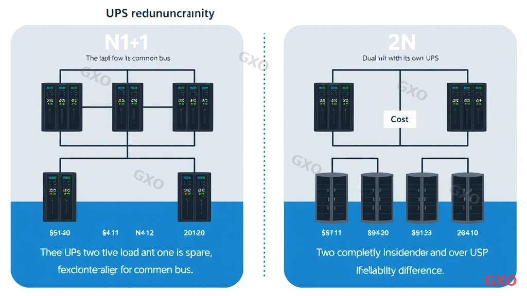 Technical diagram comparing N+1 and 2N UPS redundancy configurations. Left side shows N+1: three UPS units where two carry the load and one is spare, connected to a common bus. Right side shows 2N: two completely independent power paths, each with its own UPS, feeding dual-power servers. Clear labels showing cost difference and reliability difference. Professional engineering diagram style with blue and gray tones.