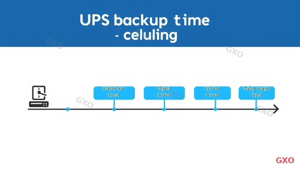 Technical diagram showing a timeline for UPS backup time calculation. Left side shows power failure event. Timeline progresses through: detection time (10 sec), shutdown signal (5 sec), application stop (2-5 min), OS shutdown (1-3 min), safety margin (2 min). Total required time clearly marked. Simple horizontal timeline design with blue markers on white background.