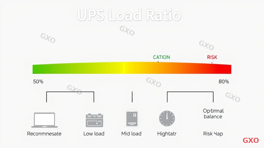 Professional infographic showing a horizontal gauge meter representing UPS load ratio. Green zone marked 50-70% labeled as recommended range. Yellow zone at 70-80% labeled caution. Red zone above 80% labeled risk. Below the gauge, three icons show: battery life extension at low load, optimal balance at mid load, and overheating risk at high load. Clean corporate infographic style.