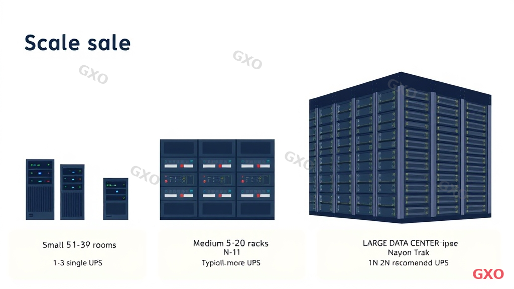 Clean modern illustration showing three scale tiers of server environments. Left: small server room with 1-3 racks and single UPS. Center: medium server room with 5-20 racks and N+1 UPS configuration. Right: large data center with rows of racks and 2N redundant UPS systems. Each tier labeled with typical capacity range and recommended UPS type. Progressive scale design from left to right.