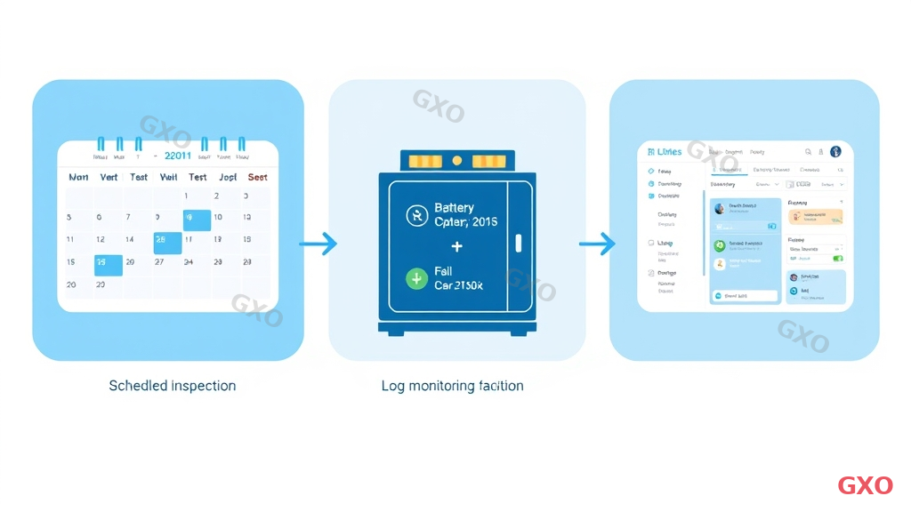 Clean modern illustration showing UPS operational management workflow. Three-panel layout: left panel shows scheduled inspection calendar with monthly/quarterly/annual markers, center panel shows battery test procedure with pass/fail indicators, right panel shows log monitoring dashboard with alert notifications. Connected by workflow arrows. Professional blue and white color scheme.